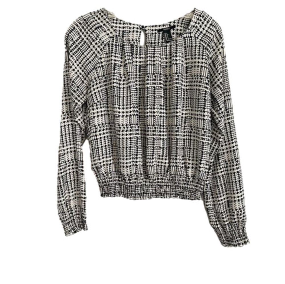 Houndstooth Blouse with Smocked Sleeves and Waistband